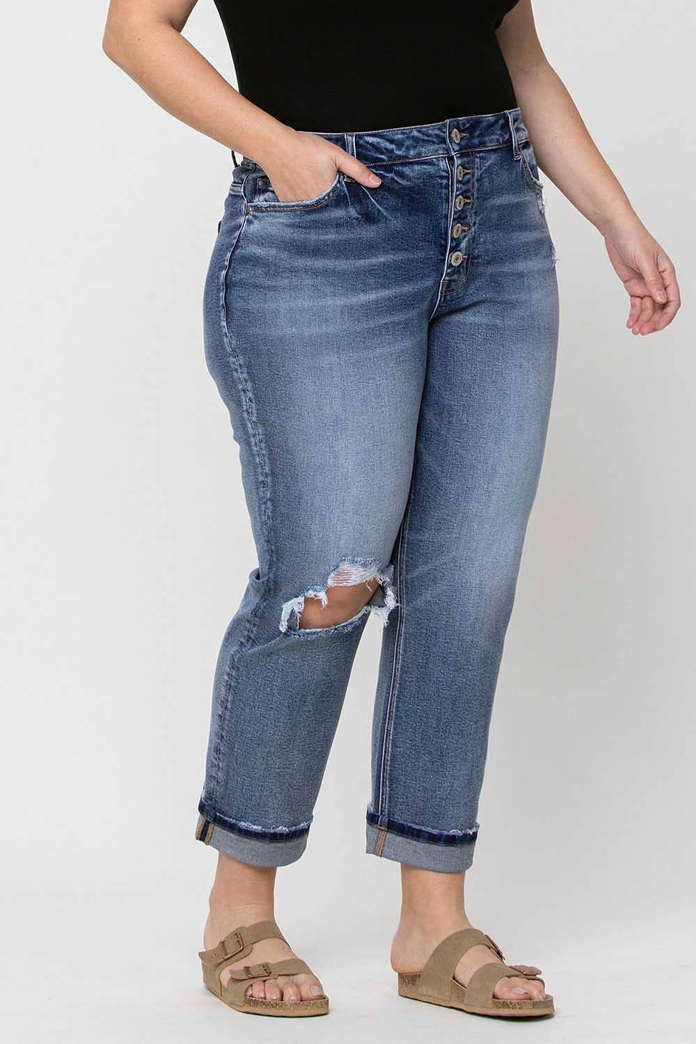 PLUS- High Rise Button Fly Boyfriend Jean