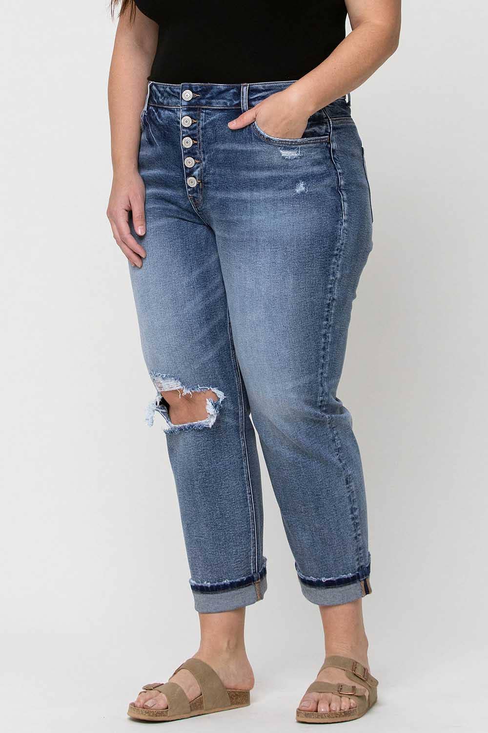 PLUS- High Rise Button Fly Boyfriend Jean