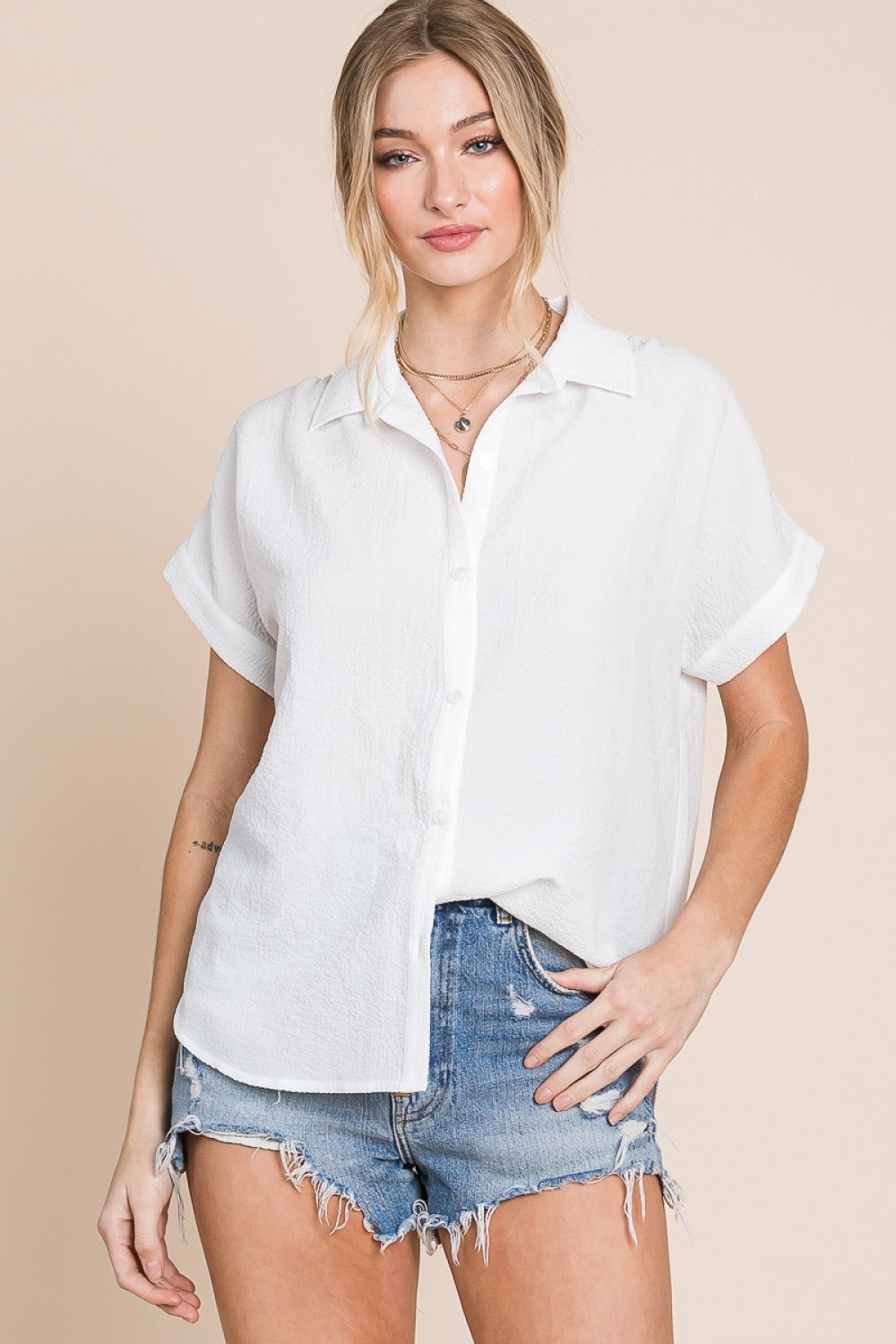 Crinkled Button Down Blouse