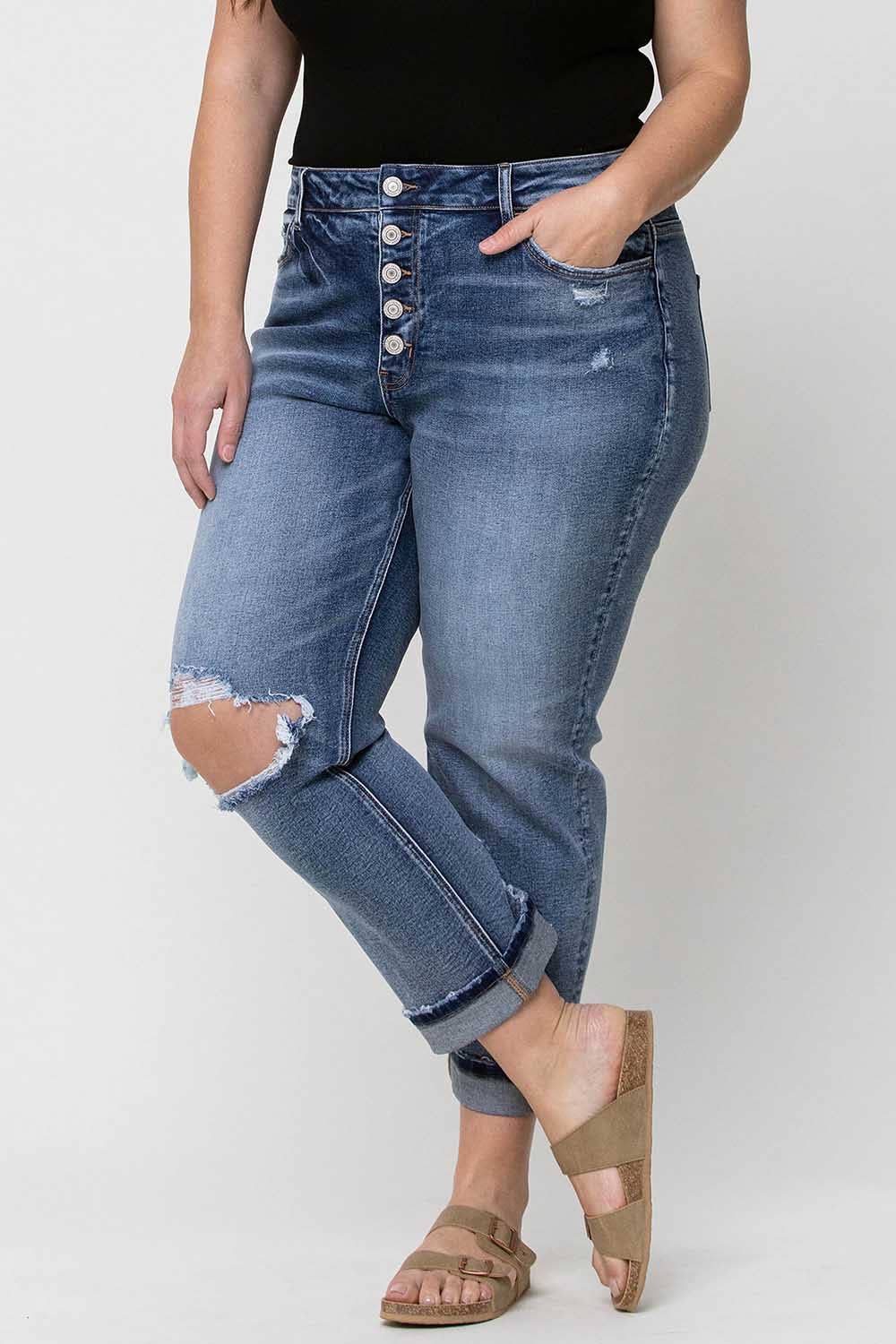 PLUS- High Rise Button Fly Boyfriend Jean