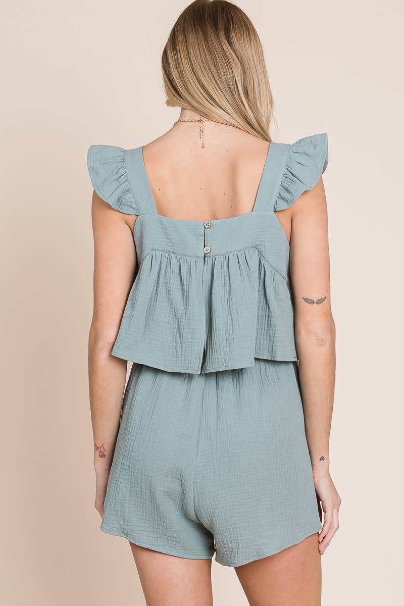 Gauze Square Neck Romper with Mini Ruffles