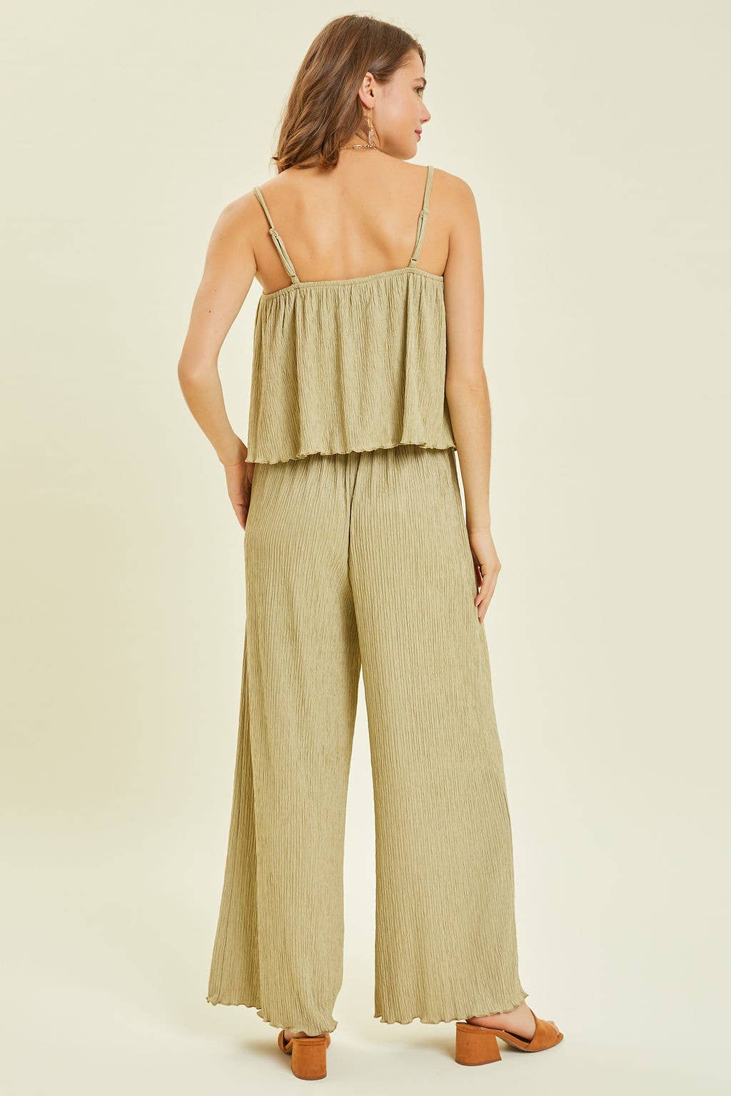 Plisse Wide Leg Pants and Cropped Cami Set